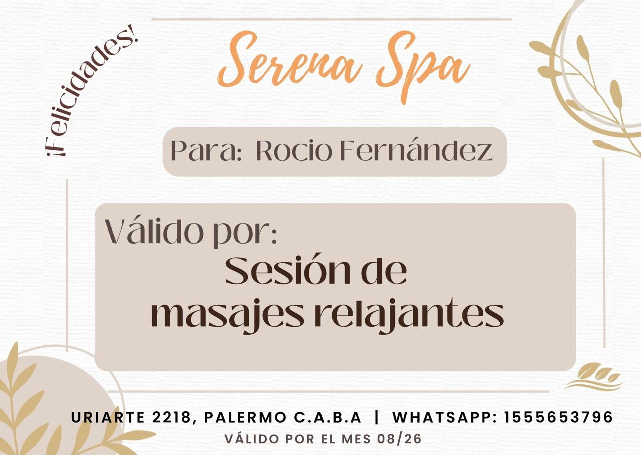 Cupón Serena Spa — sesión de masajes relajantes para Rocio Fernández